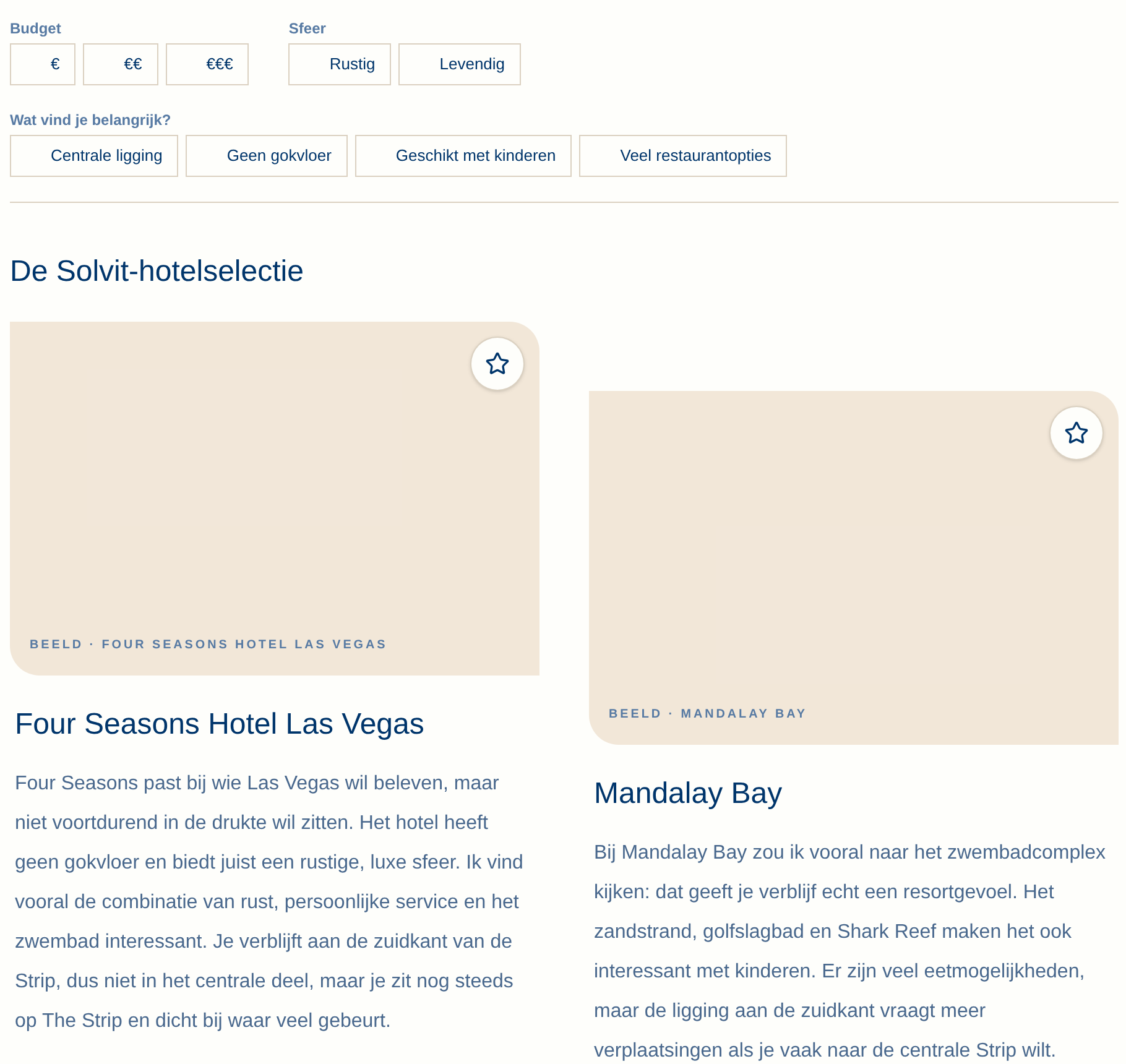 De echte hotelpagina met budget-, sfeer- en belangrijkheidsfilters boven de hotelselectie