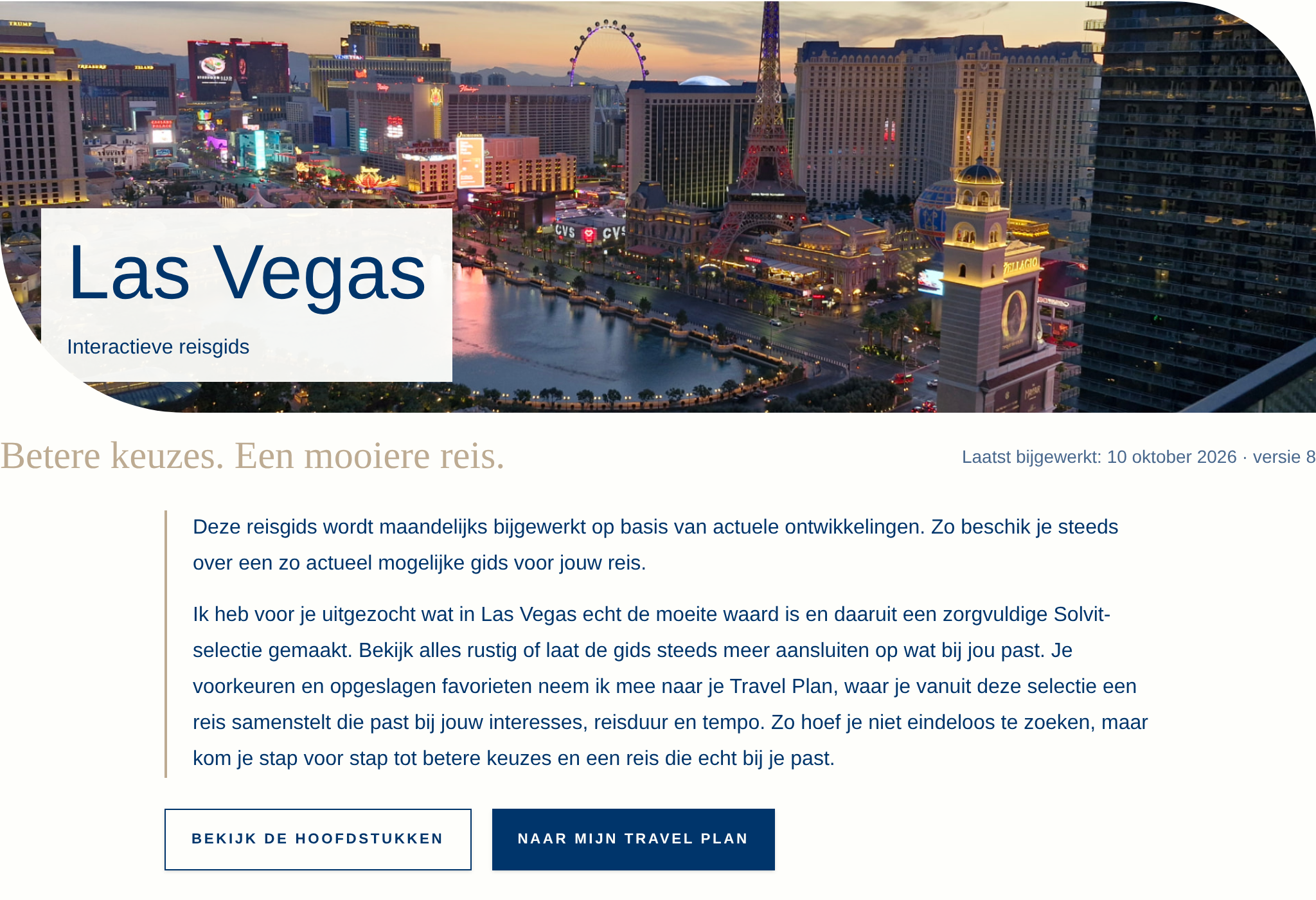 De echte startpagina van de Las Vegas-reisgids met de grote foto van de Strip